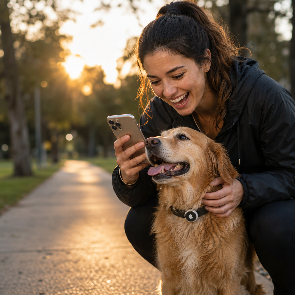 Woman tracking her golden retriever’s AirTag collar on her iPhone at sunset